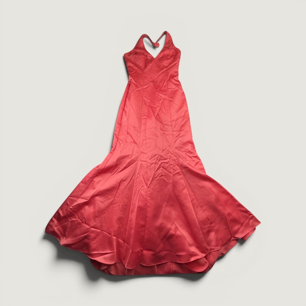 Morgan & Co Linda Womens S? Pink Satin Beaded Halter Formal Gown Dress Prom SEE